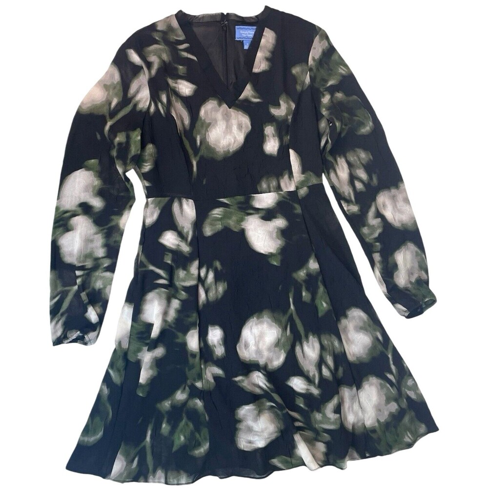 Simply Vera A-Line Abstract Watercolor Black Floral Flare Dress V-Neck Evening 6